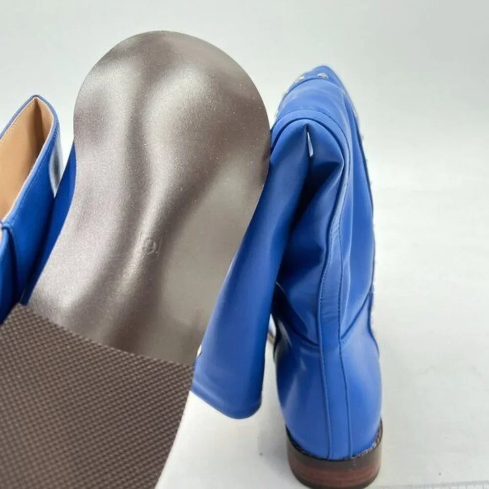 Blue Women Knee High Winter Riding Boots Pull On Round Toe Low Heel Studded Zip